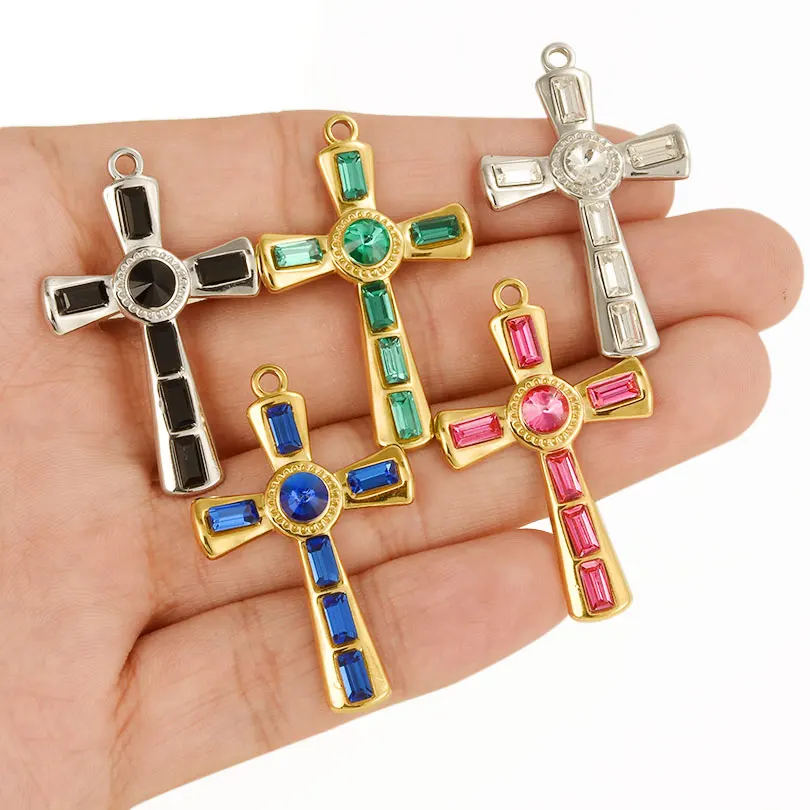 5pcs New Stainless Steel Cross Different Colors Rhinestone Pendant Jewelry Making Supplies Diy Necklace Pendant Accessories Bulk