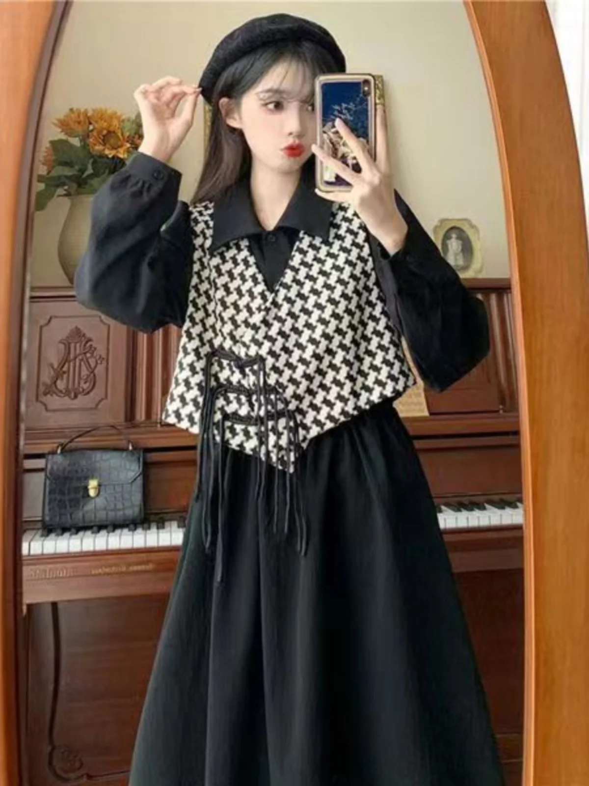 Plus Size 300 Pou Dr Set Autunno Inverno Carne Sciolta Nascondere Gilet scozzese irt Dr Set a due pezzi Faion cinese da donna