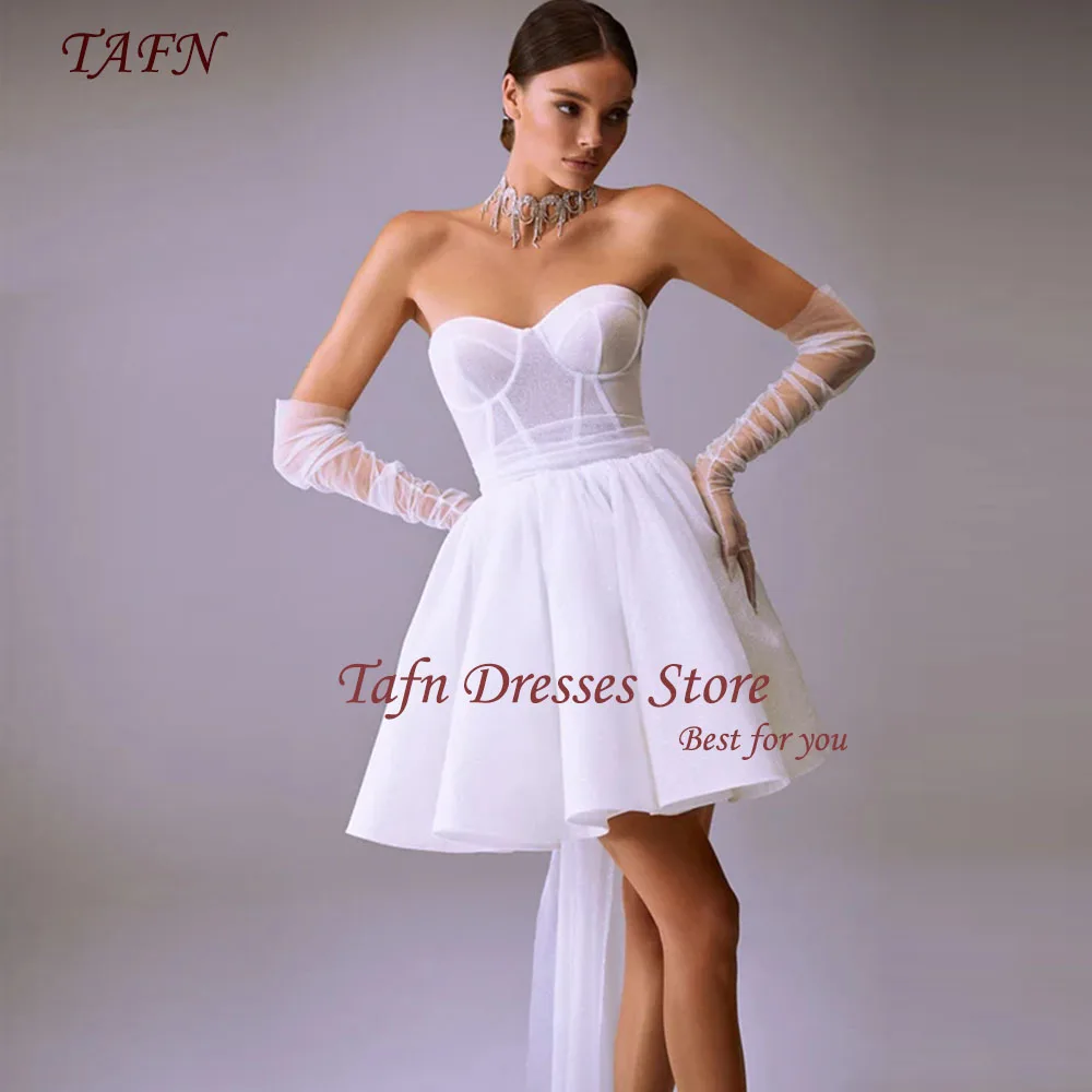 

TAFN Short Wedding Dresses Sweetheart Collar Strapless Bridal Gown Above Knee A-line Draped White свадебное платье Lace-up