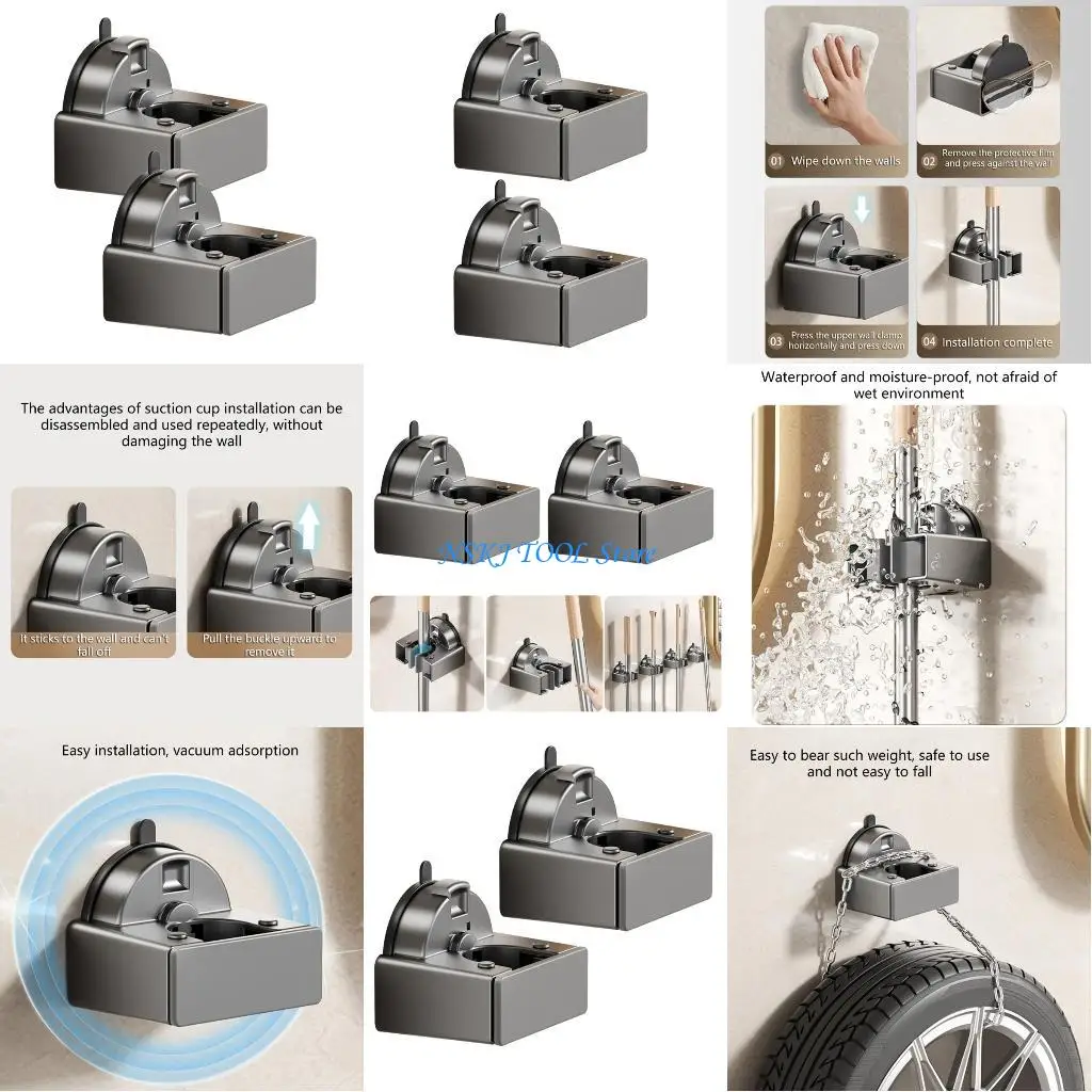 

L8RC Pack Of 2 Strong Suction Mop Organizers Space Saving Designs Wall Mounted Mop Rack for Kitchens Bathrooms & Balconies