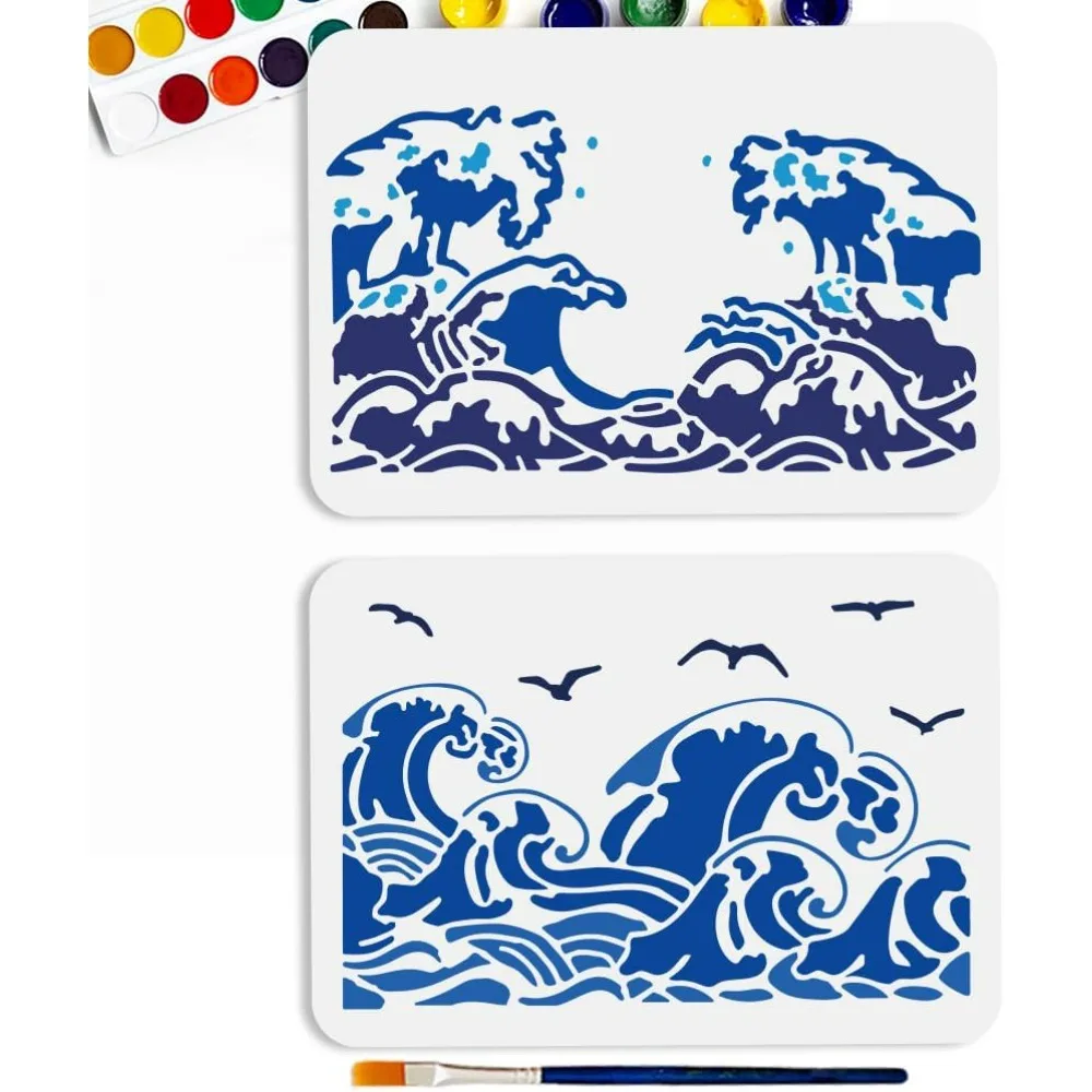 2Pcs Ocean Waves Stencil A4 Size Reusable Sea Wave Seagull PET Stencil 11.6x8.2inchs Different Wave Pattern Templates Drawing