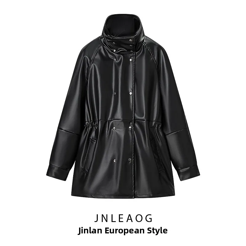 Faionable Bla منتصف طول الجلود Jaet الملابس النسائية الخريف جديد Sle تنوعا تصميم تخفيف Sle ألياف البوليستر #1