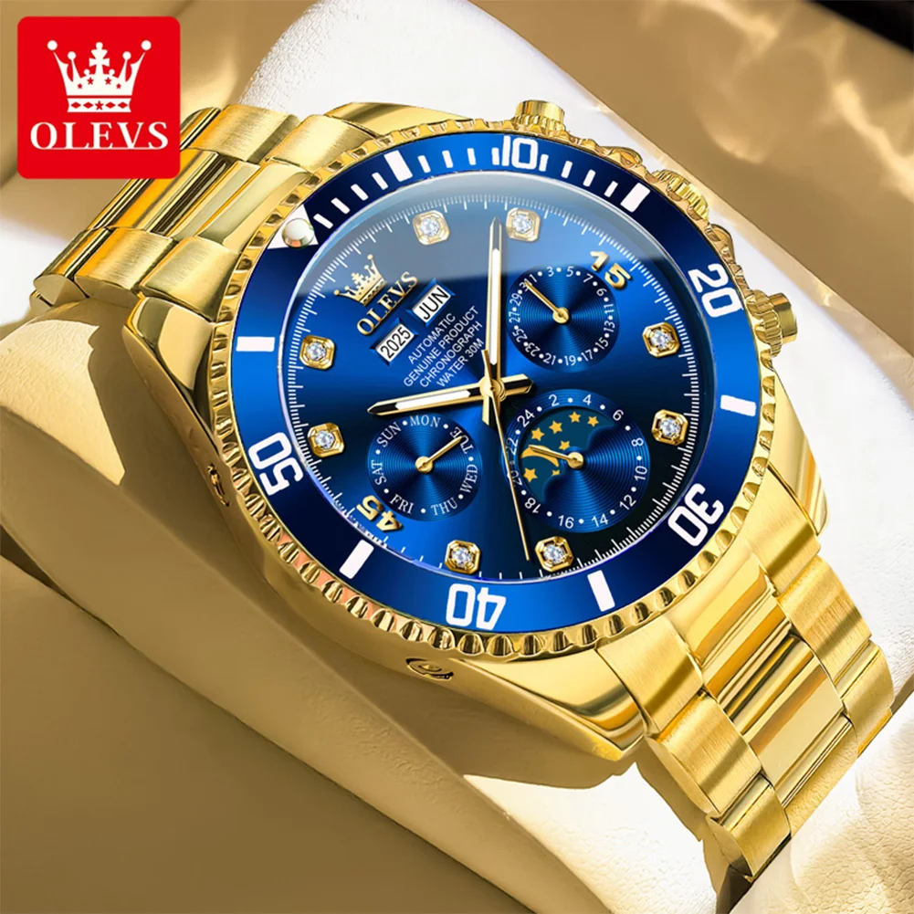 

OLEVS 6729 Автоматические мужские часы, лучший люксовый бренд, оригинальные механические наручные часы, фаза Луны, календарь недели, водонепроницаемые мужские часы