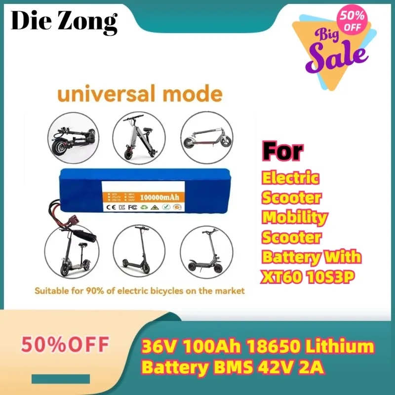 

New For Electric Scooter Mobility Scooter Battery With XT60 10S3P 36V 100Ah 18650 Lithium Battery BMS 42V 2A Charger