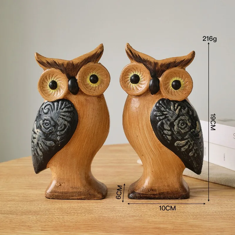 2 PCS Set Hand-Painted Modern Minimalist Wooden Owl Figurines Creative Animal Home Decor Living Room Artisanal Craft Ornaments