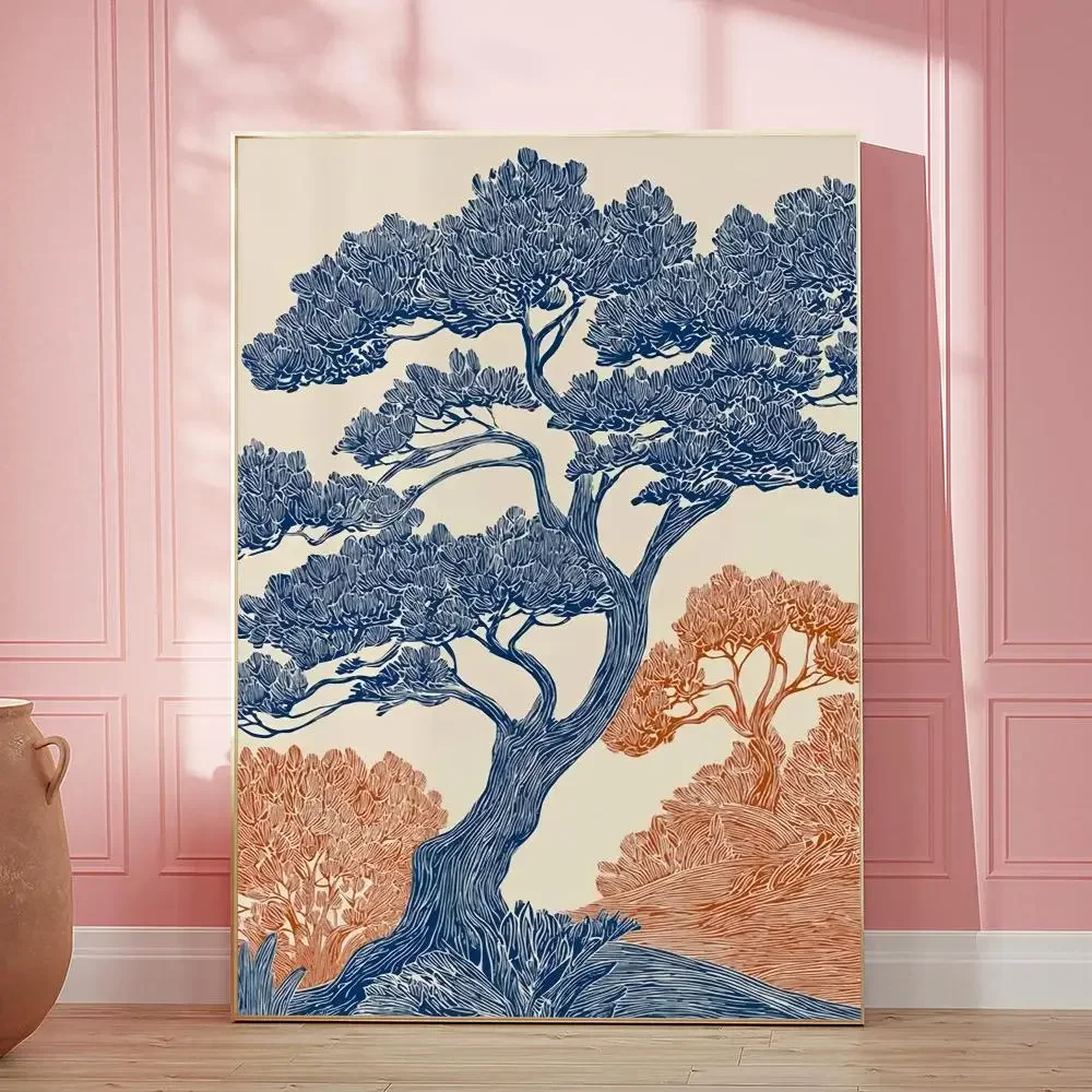 Póster de lona con motivos de un roble, estilo vintage, técnica de linocut, paisaje forestal, bosque azul, decoración botánica para el hogar, regalo, pintura y caligrafía.