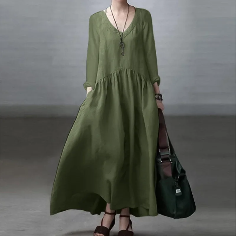 Casual Abaya Spring Women Sundress Fashion Solid Muslim Dress Women Marocain Turkish Robe Femme Long Sleeve V-neck Maxi Dress