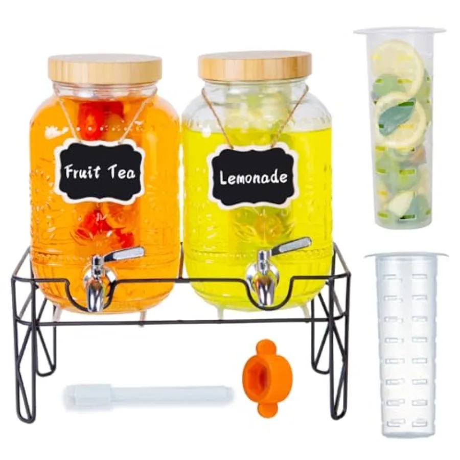 

2-Pack1Gallon Glass Drink Dispensers for Parties, Beverage Dispenser with Stainless Steel Leakproof Spigot/Stand/Bamboo Lids/Fr