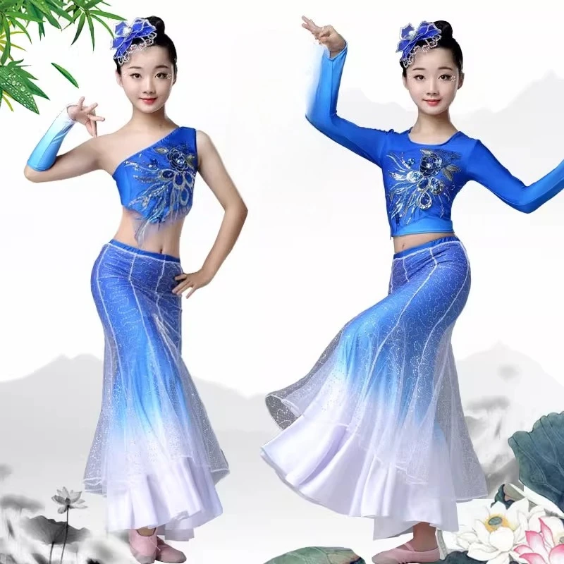 

Детские танцевальные юбки с павлином меньшинств, традиционные национальные танцевальные костюмы Дай для девочек, классическое танцевальное платье с запахом «рыбий хвост» на бедрах