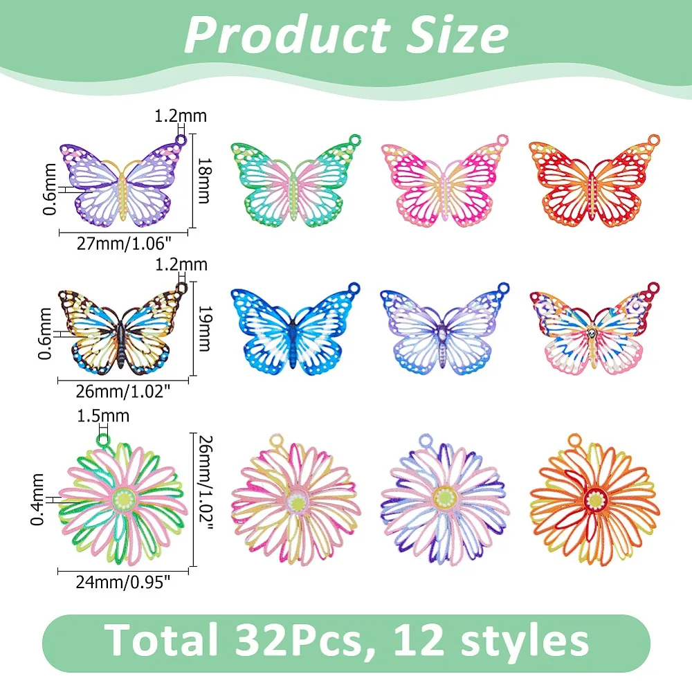 

32Pcs 12 Styles Spray Painted 430 Stainless Steel Pendants Butterfly Flower Mixed Color 19~27x18~26x0.4~0.6mm Hole: 1.2~1.5mm