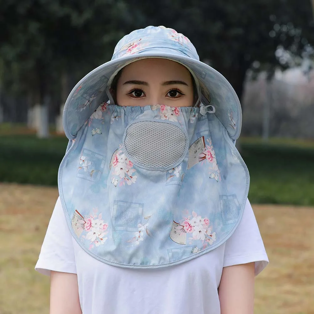 Chinese Style Anti-UV Mask Picking Tea Hat Wide-Brimmed Portable Sunshade Shawl Cap Cotton Flower Neck Protection Hat Jogging