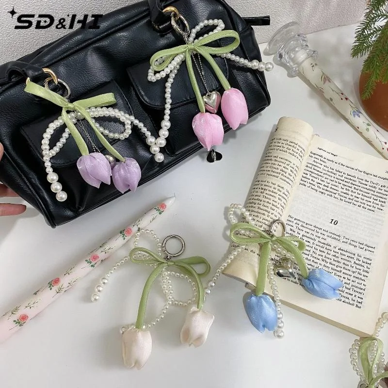 Bag Charm Pendant With Ribbon Pearl Tulip Phone Lanyard Jewelry For Women Key Chains DIY Decoration