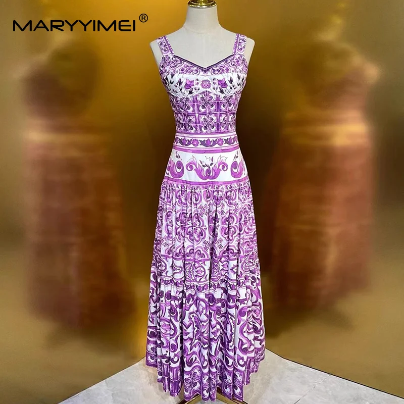 

MARYYIMEI Spring Summer New Arrival Women's Suit Spaghetti Strap Slim Tops+Fashion Big Swing Skirt Cotton Print 2-piece set