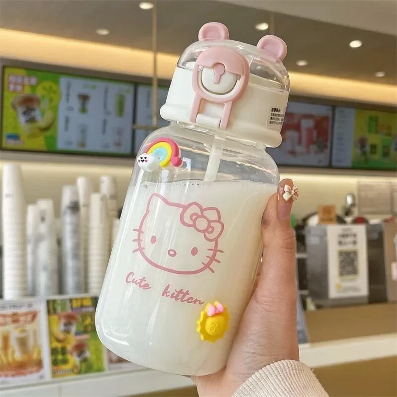 Sanrio Anime Transparent Straw Cup Hello Kitty Pochacco 600ML Cartoon Plastic Water Cup Straw Drinking Student Portable Handle