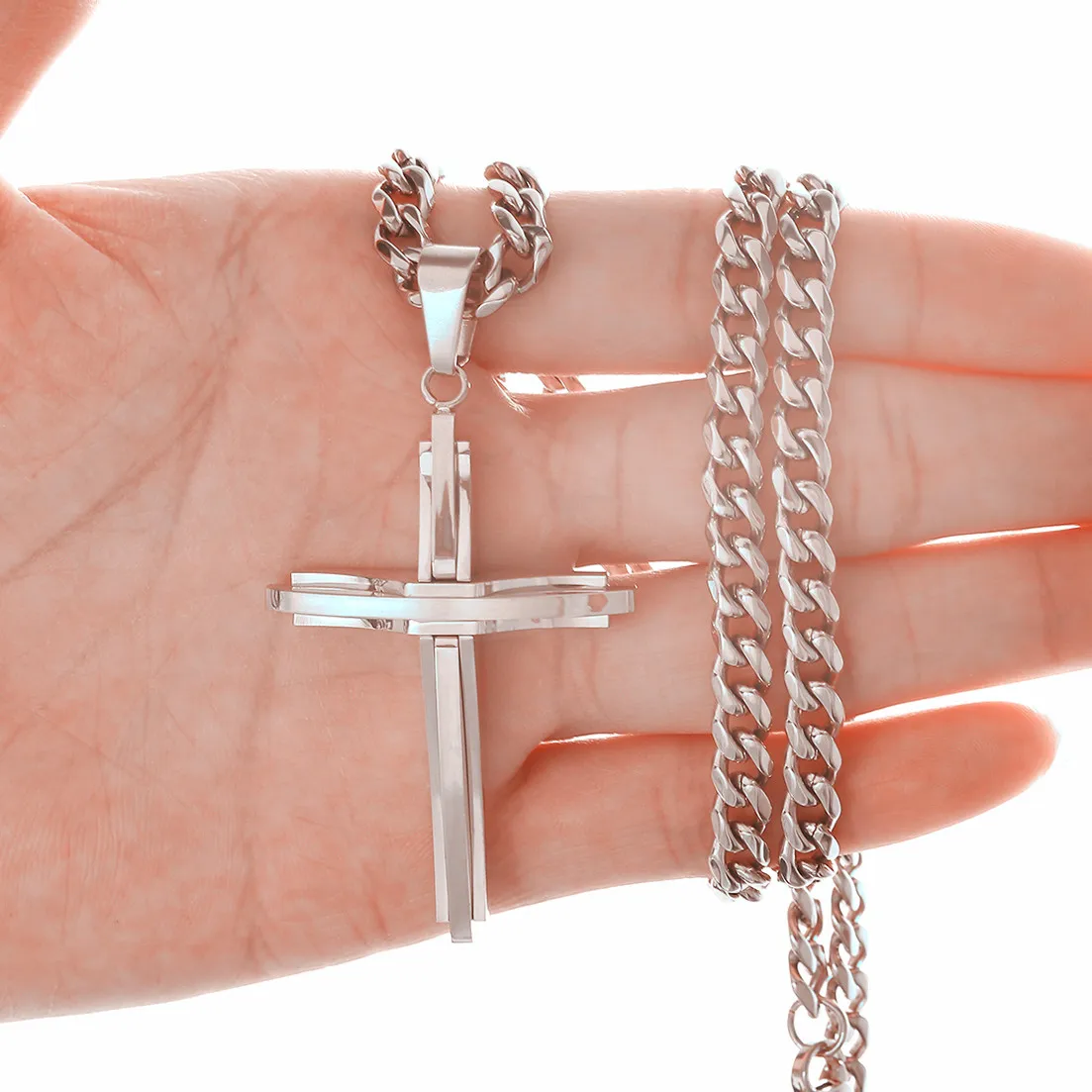 

Granny Chic Silver Tone Religious Cross Pendant with 6mm wide 18“-36” Cuban Link Chain Necklace Stainless Steel Jewelry for Men