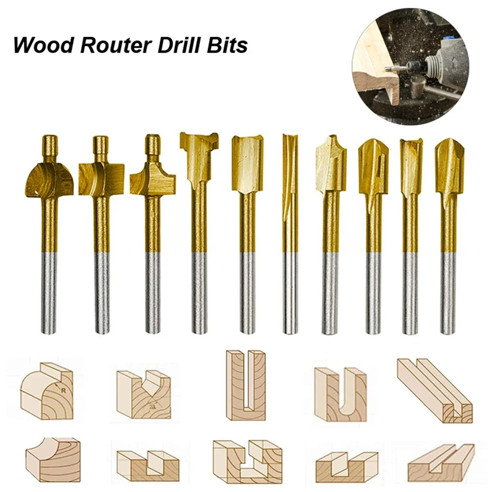 10pcs HSS Router Bits Wood Cutter Milling Fits Dremel-Rotary Tool Set 1/8\