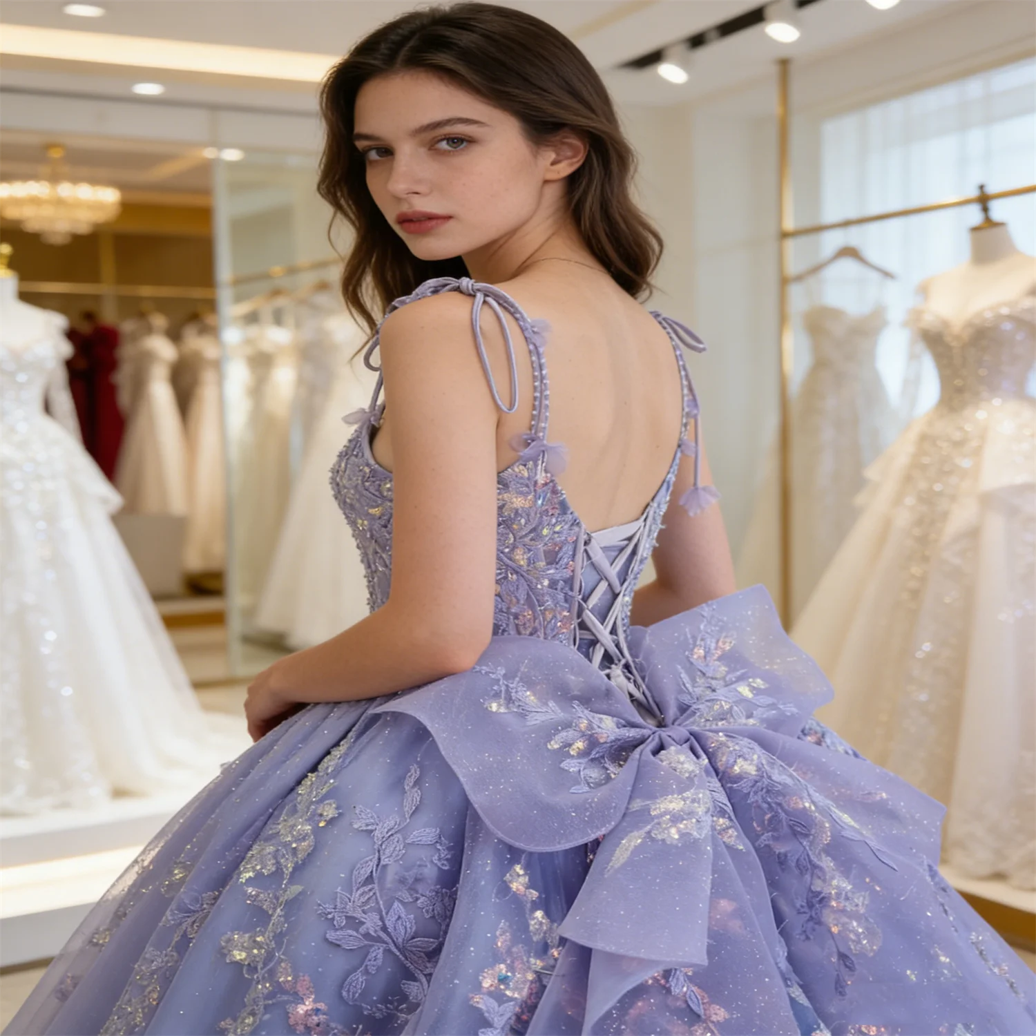Bezauberndes lila Prinzessinnenkleid für 15-jährige Mädchen, Quinceanera-Kleider mit Spaghettiträgern, Spitzenapplikationen und Perlen, Ballkleid für Geburtstagsfeiern, individuell anpassbar
