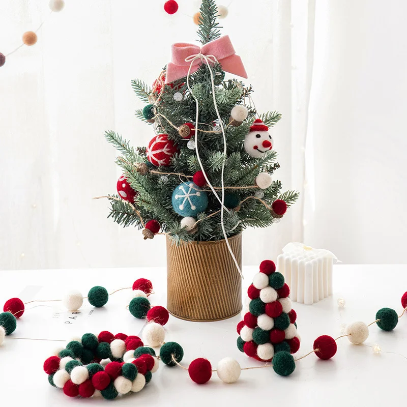 Mini Christmas Tree Wool Felt Ball DIY Artificial Fake Tree Wreath Tabletop Decoration Front Door Wall Hanging Ornaments Home