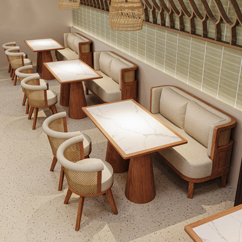

# Restaurant Wall Sofa Southeast Asian Restaurant Solid Wood Rattan Booth Seat Cafeteria Tables And Chairs