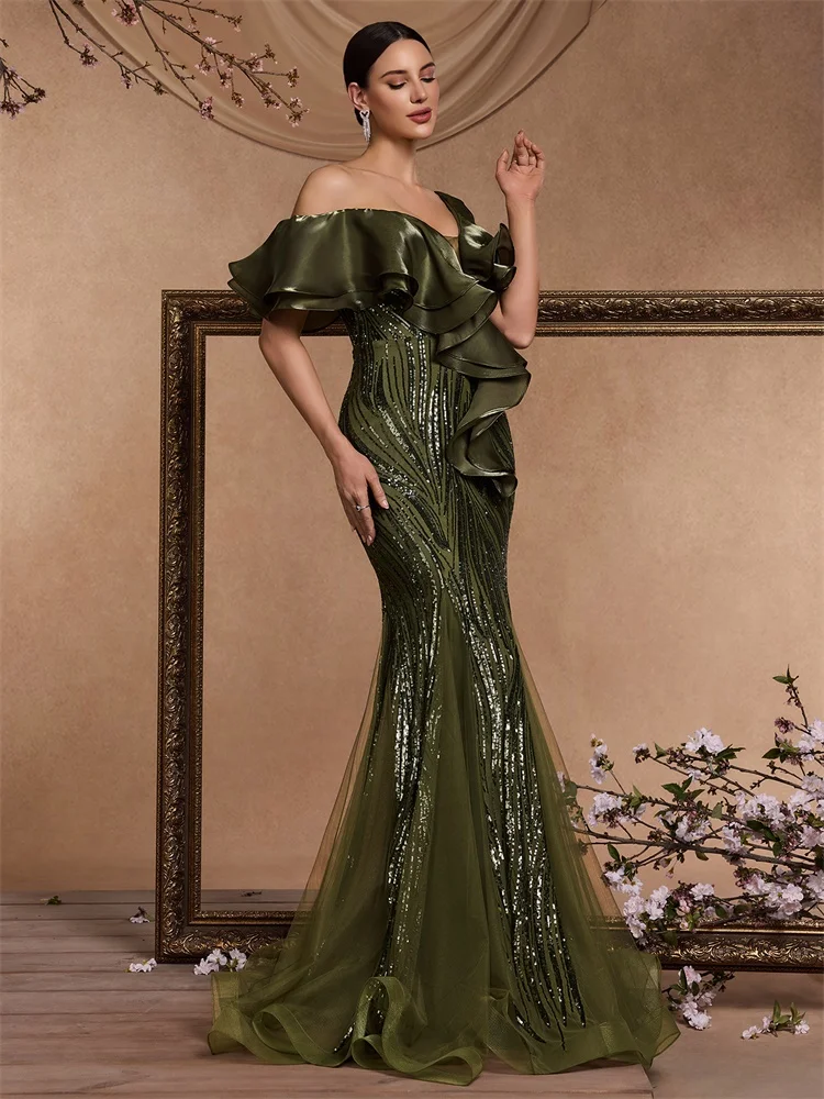 Lucyinlove Elegant Ruffle Sleeve Green Sequins Evening Dresses For Women Mermaid Formal Party Maxi Prom Dresses Cocktail Gown