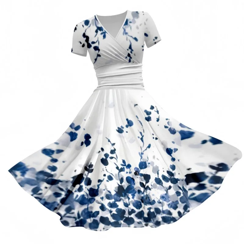 New Arrival Field Fresh Floral Flower Print Elegant V-Neck Waist Long Dress Women's Garden Postoral Party Club Dresses