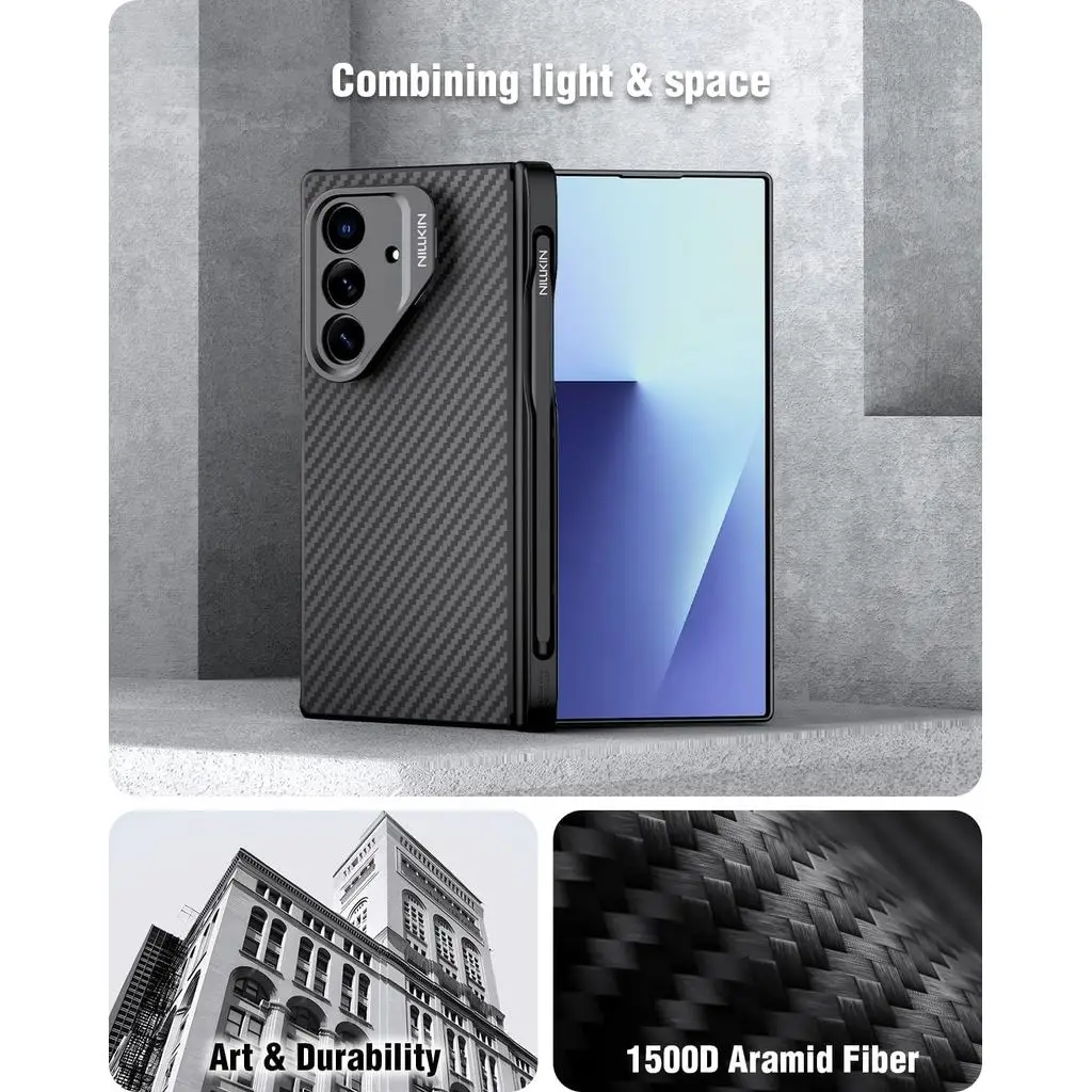 حافظة Nillkin رفيعة من ألياف الأراميد المغناطيسية لهاتف سامسونج جالاكسي Z Fold 7 W26 قلم كتابة مدمج وحامل قابل للتعديل وحماية المفصلي