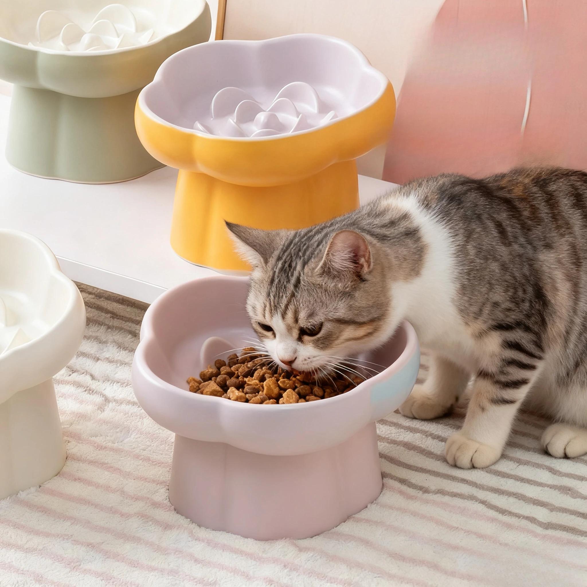 قطعة واحدة من أوعية السيراميك ذات التغذية البطيئة عالية القدم للقطط والكلاب - وعاء مضاد للاختناق ومضاد للانسكاب وحماية الرقبة للحيوانات الأليفة للكلاب والقطط الصغيرة