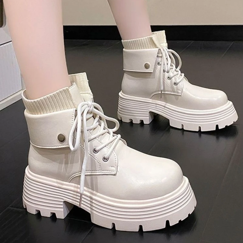 Chunky Platform Fashion Combat Boots Women Woman PU Leather Non-Slip Motorcycle Booties Thick Plush Lined Warm Ankle Boots