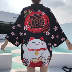 Cárdigan holgado de gato de la suerte para mujer, blusa estilo Kimono japonés Harajuku, color blanco y negro, novedad de 2020