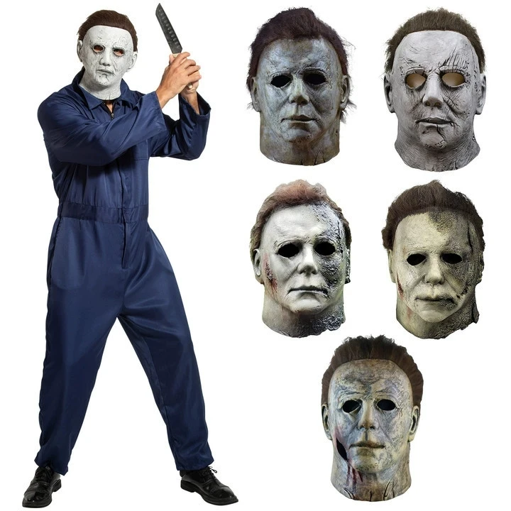 Máscara de Halloween de Michael Myers, asesino aterrador, máscara de cabeza completa, cicatriz de quemaduras de fuego espeluznante, látex F