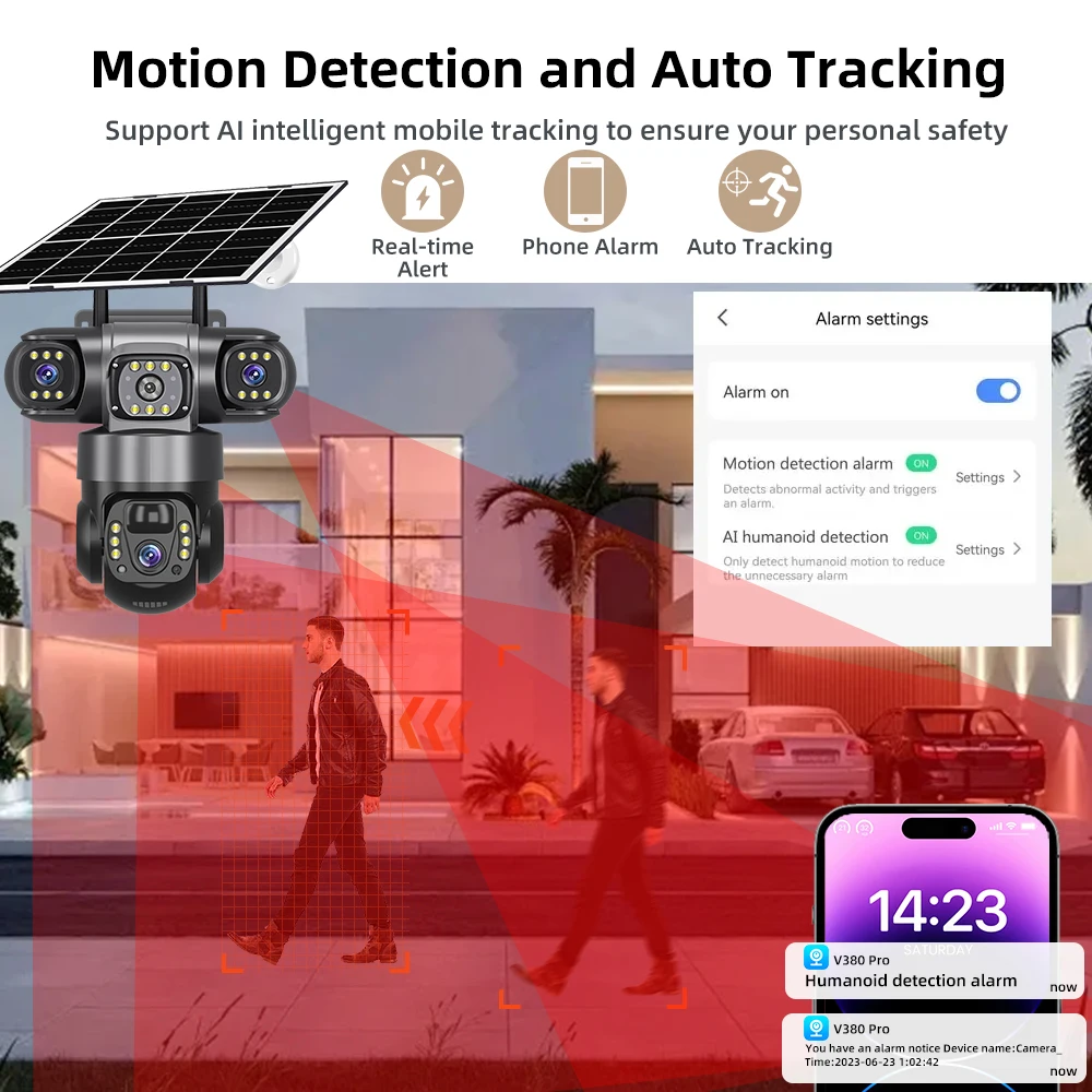 V380 Pro Triple Lens 4G Solar Camera HD 15 MP Outdoor Waterproof CCTV Night Vision Two-Way Audio Mobile Tracking IP Camera