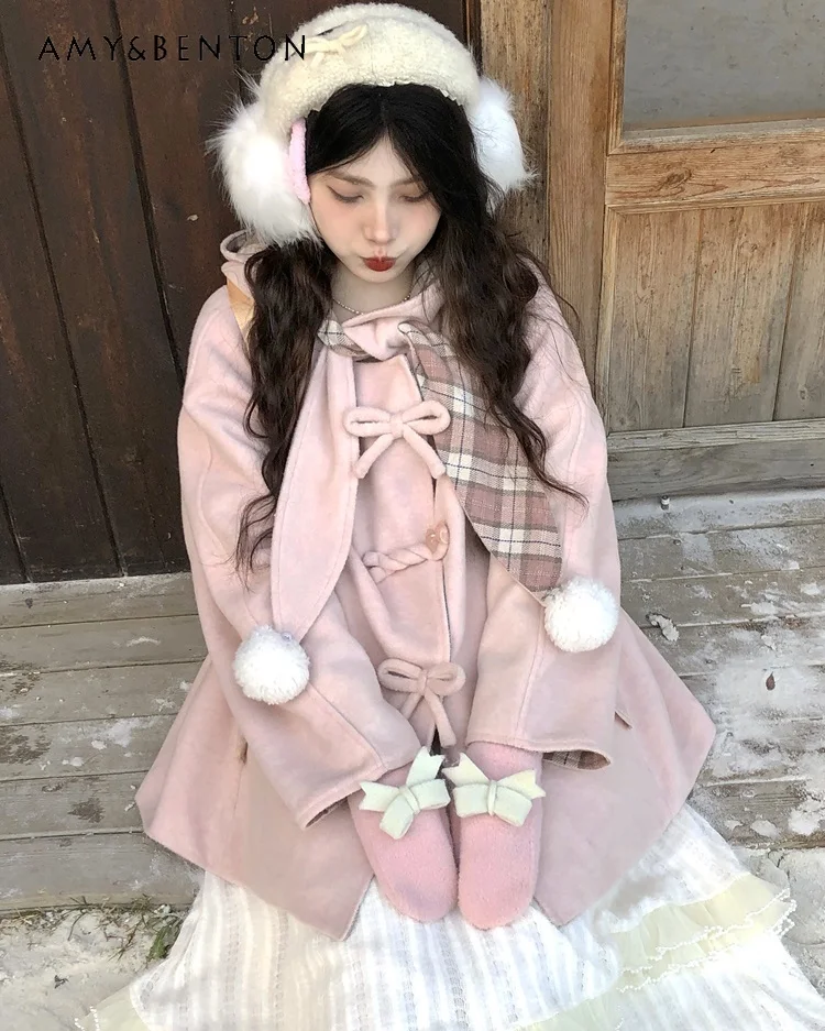 

2025 Autumn Winter New Sweet Green Rabbit Ear Collar Woolen Coat Korean Style Pink Bow Long Sleeve Daily Quilted Coat
