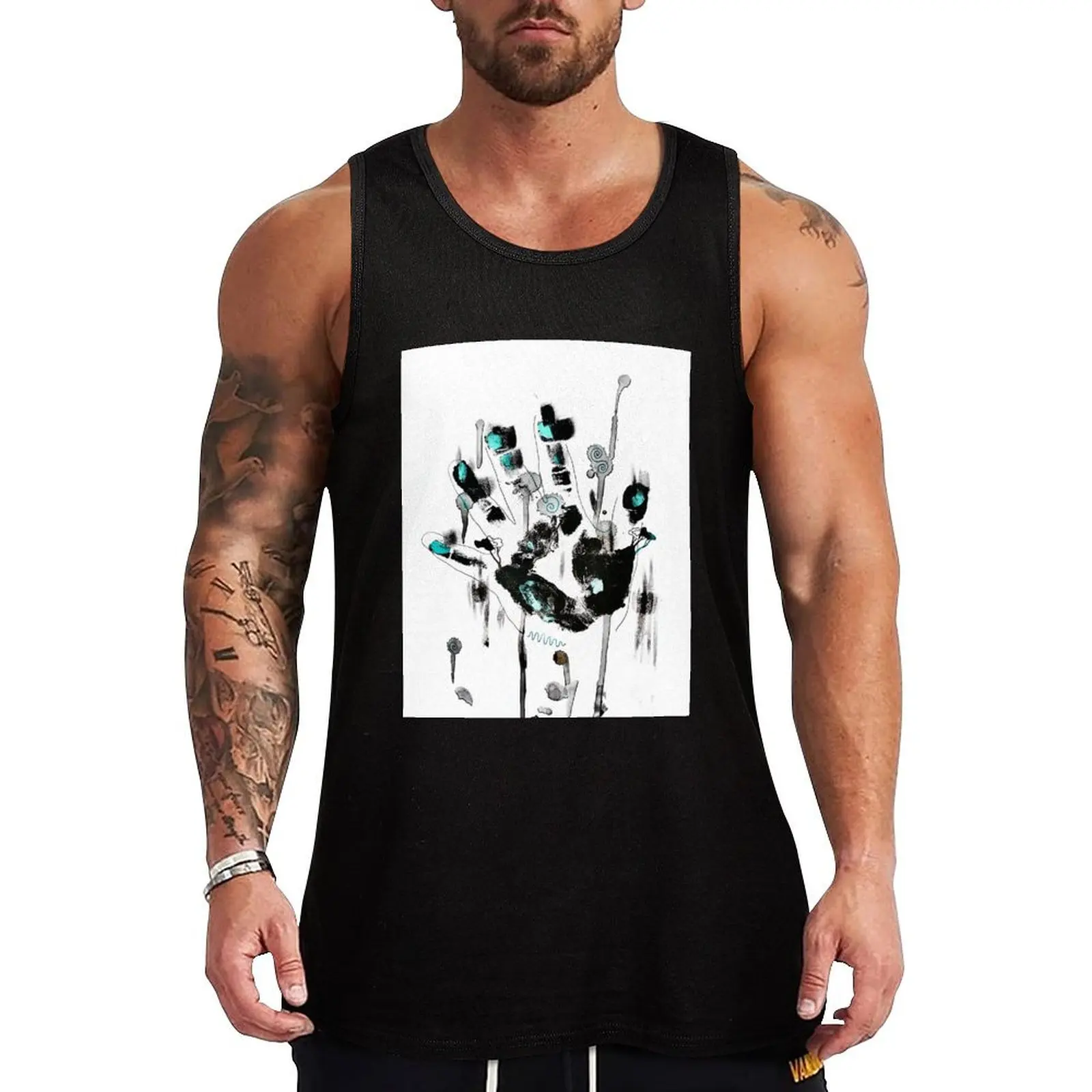 

Black and Teal Abstract Handprint Tank Top summer clothes for men muscle t-shirt men gym clothing men clothing