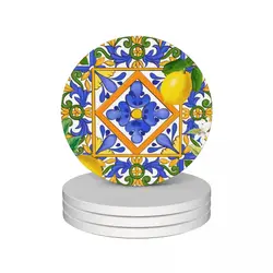 Summer ,Sicilian tiles ,citrus,oranges,majolica,lemons ,Mediterranean Ceramic Coasters (Set of 4) Cup mat cute Coasters