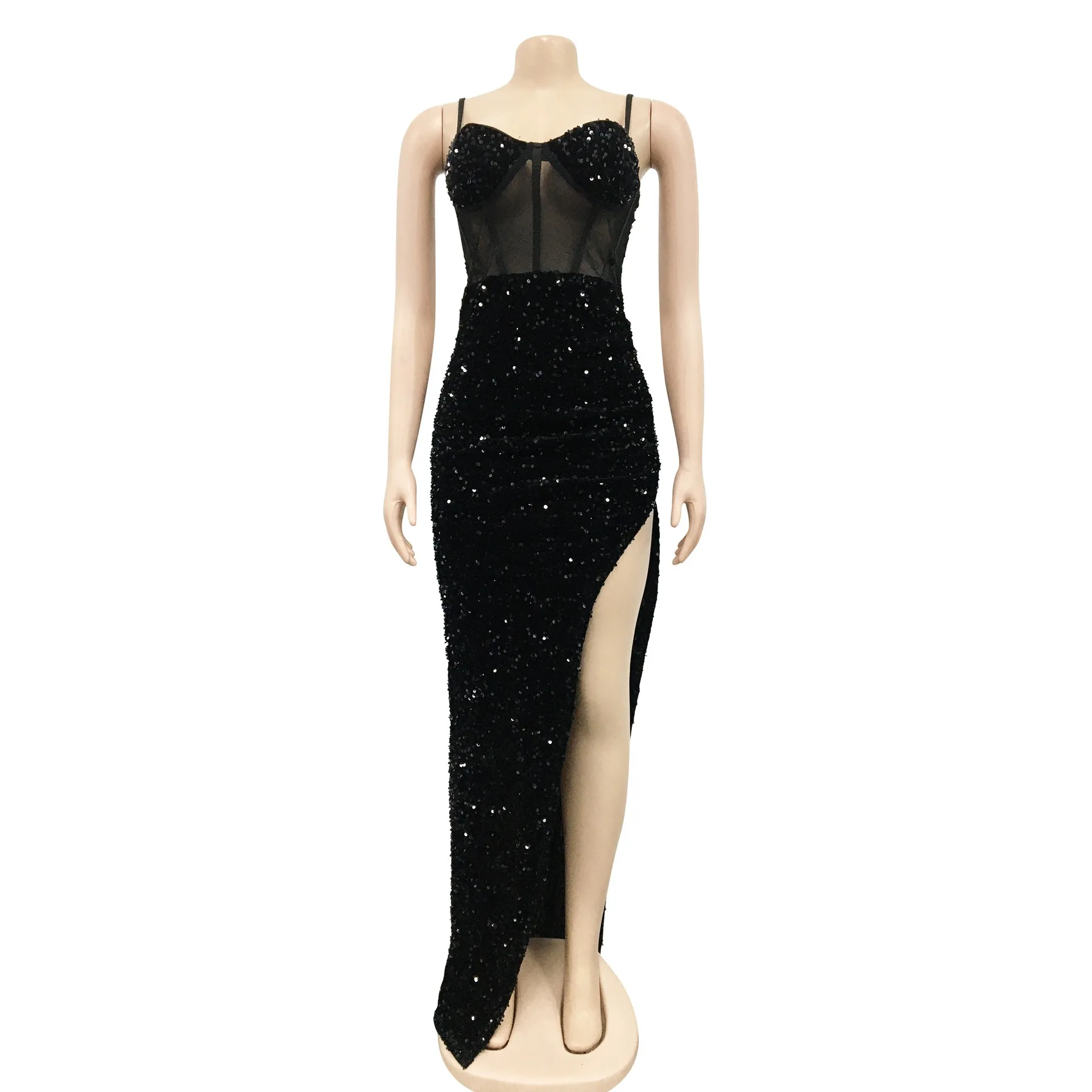Abito sexy con spacco asimmetrico trasparente in rete con paillettes senza spalline in tinta unita per club di ballo, banchetto, discoteca