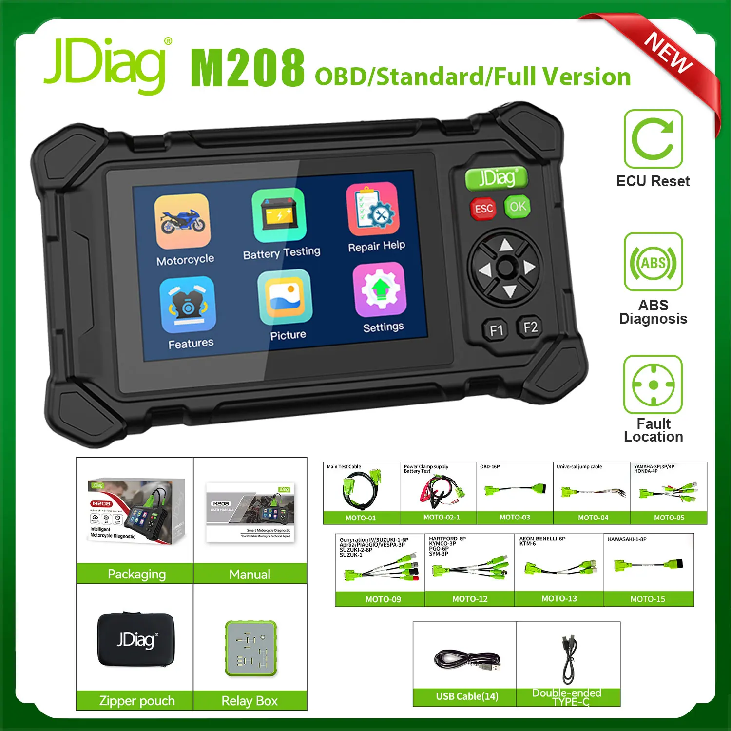 Newest JDiag M208 Motorcycle Scanner Diagnostic Tool Support EURO5 System Battery Test&ABS System Test&ECU Reset&Battery Test
