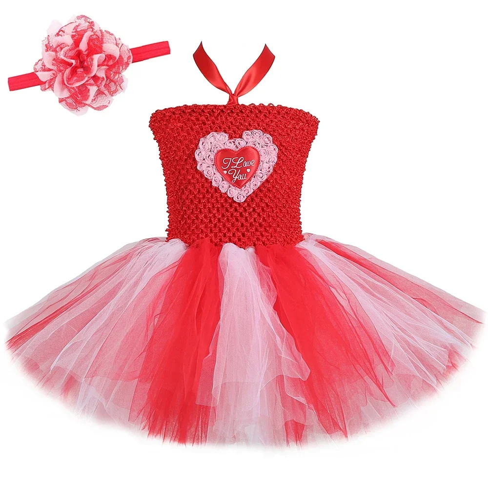 Valentines Day Tutu Dress Baby Girls Red Heart Rose Flower Tulle Princess Dress Toddler Kids Christmas Birthday Party Costume