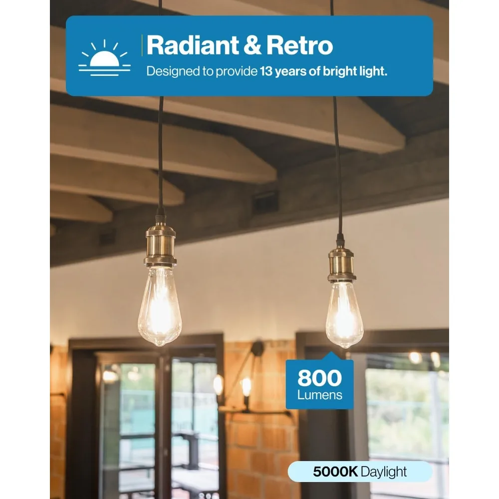 ヴィンテージフィラメントLED電球、100個パック、800ルーメン、8W、60W相当、昼光色5000K、E26ミディアムベース、防水、クリアG