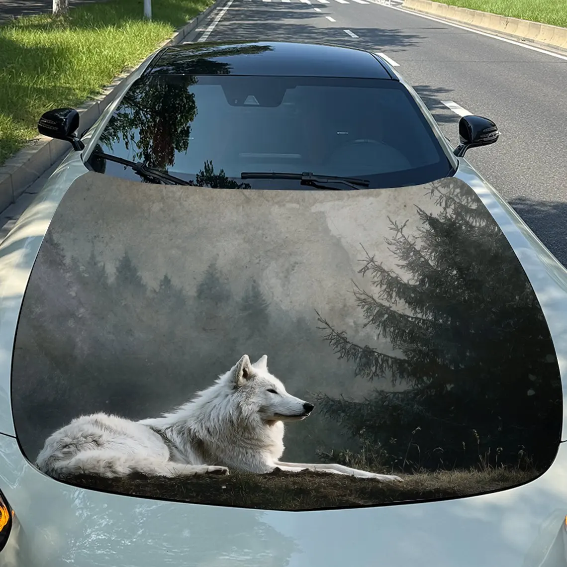 

Car Decals White Wolf in Forest Design, featuring a white wolf in a misty forest setting, exuding a wild and serene aura Car Hoo