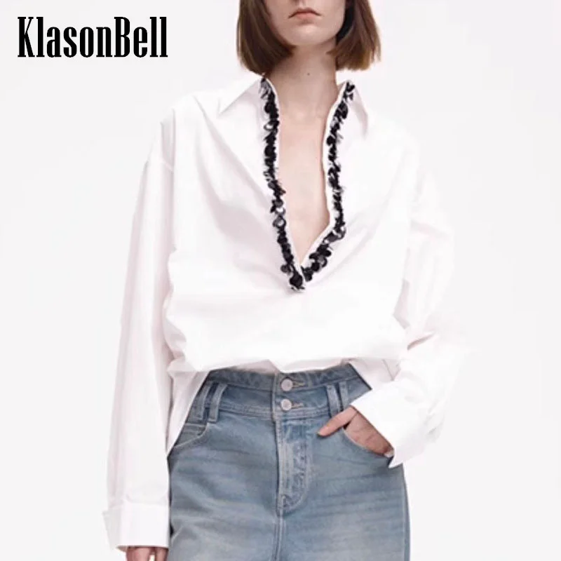 

7.11 KlasonBell Women's Fashion Hand Beading Sexy Deep V-Neck Design Blouse Lapel Classic Loose White Casual Shirt