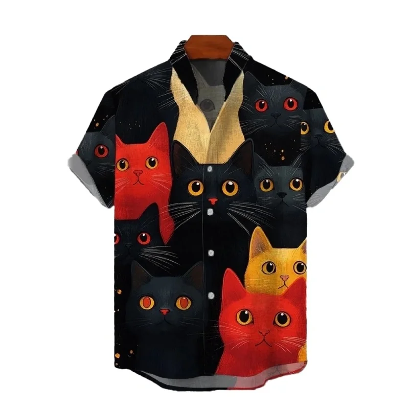 Popular Niche Abstract Cat Art Printed Men's Short Sleeved Shirt, Street Loose, Breathable and Comfortable Shirt
