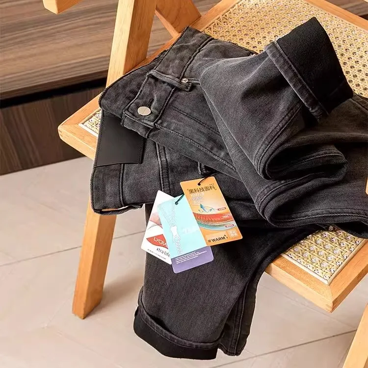 

Мужские повседневные прямые джинсы на подкладке Thiened Fce, ветрозащитные теплые осенне-зимние джинсовые брюки, эластичные универсальные длинные брюки