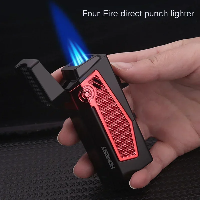 Honest Multi-functional Four-fire Turbo Jet Blue Fire Lighter for Cigarettes and Cigars Windproof Lighter for Men Exquisite Gift