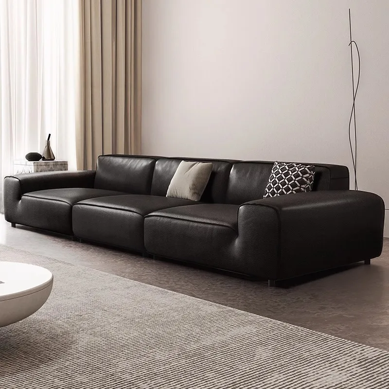 Black all leather wide sitting deep horizontal hall living room advanced straight row meeting guest antique sofa