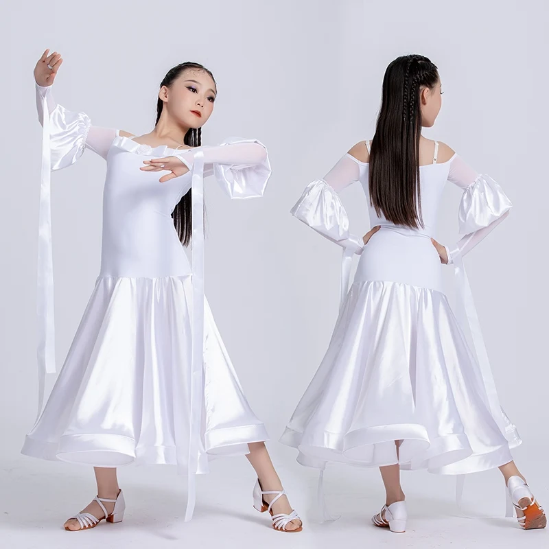 

Children'S Waltz Modern Ballroom Dance Clothes Girls White Latin Dance Competition Dresses Kids Professional Dancing Wear XS8633