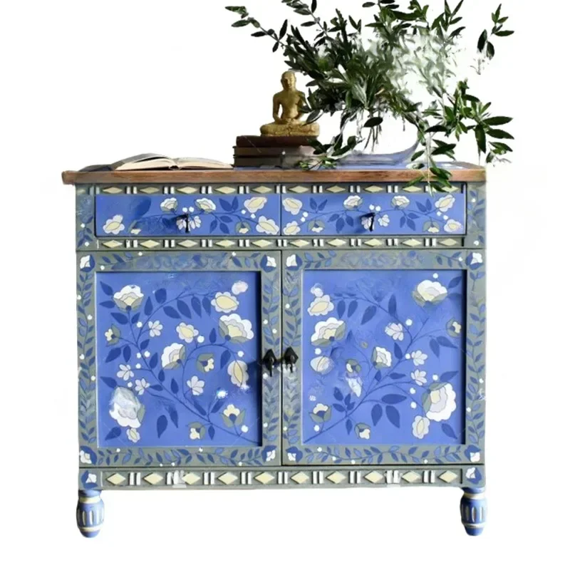 

French retro solid wood carving flower entrance cabinet painted decorative cabinet living room locker bedroom storage cabinet