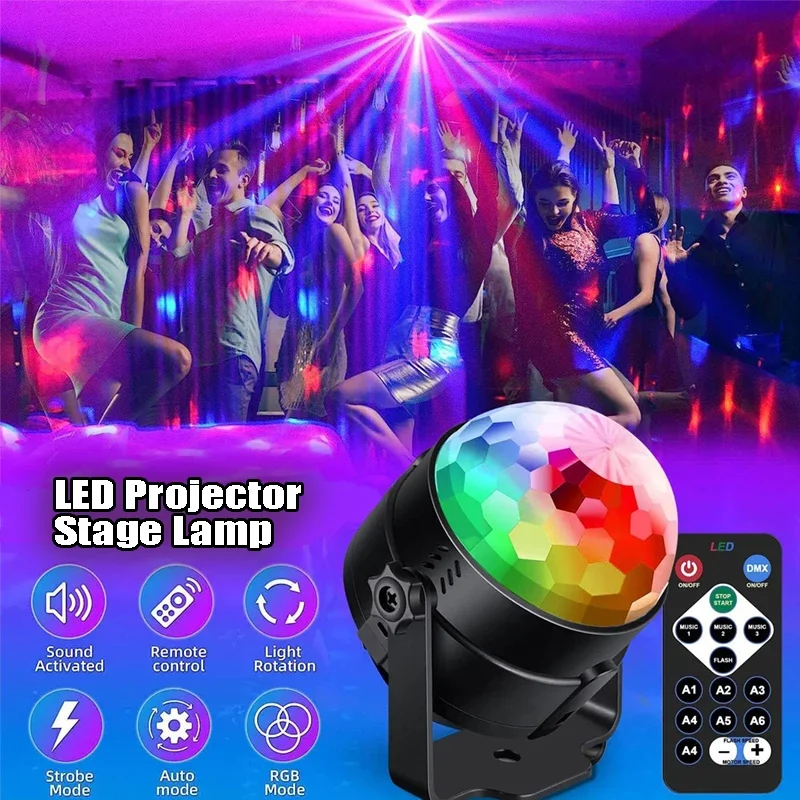 Proyector de luz LED RGB, lámpara de recogida de sonido, 7 modos de luz, iluminación de escenario enchufable USB, lámpara de espectáculo láser para