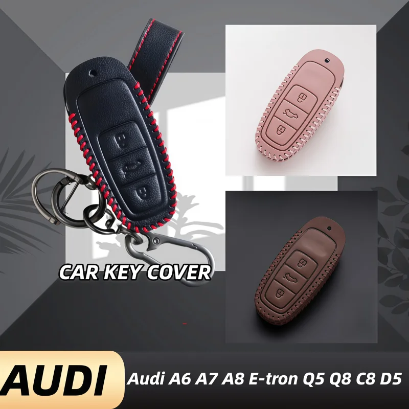 

Oli Leather Car Remote Key Case Cover Shell For Audi A6 A7 A8 E-tron Q5 Q8 C8 D5 Gold Edge Design Protector Fob Car Accessories
