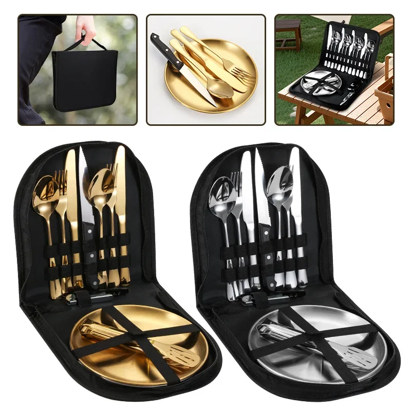 picnic tableware Stainless steel knives, forks, spoons, barbecue trays, food clips, combination, portable tableware set