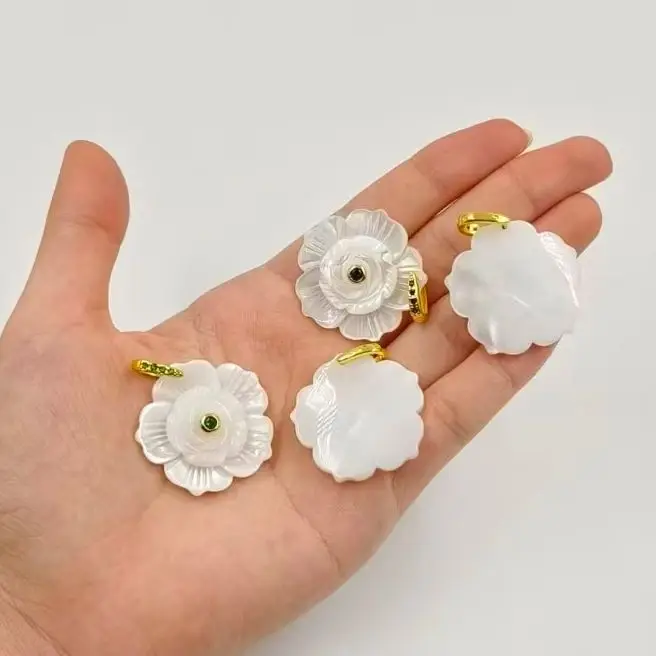 WT-JP476 Vivid Flower Shape Fine Texture White Shell With Colored Zircon Paved Findings For Necklace Crafts Making